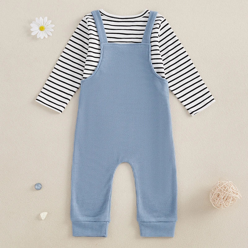 Pudcoco Boys Striped 2-Piece Long Sleeve Tee With Suspender Pants