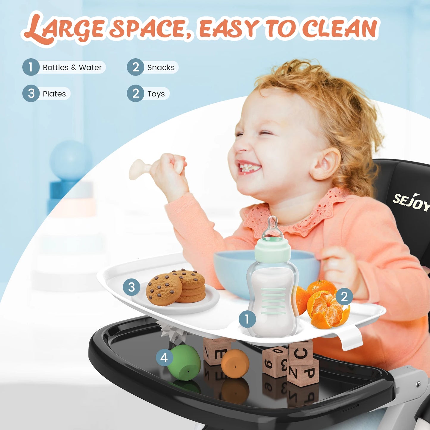 SEJOY Adjustable High Chair FivePoint Harness 3Tier Tray