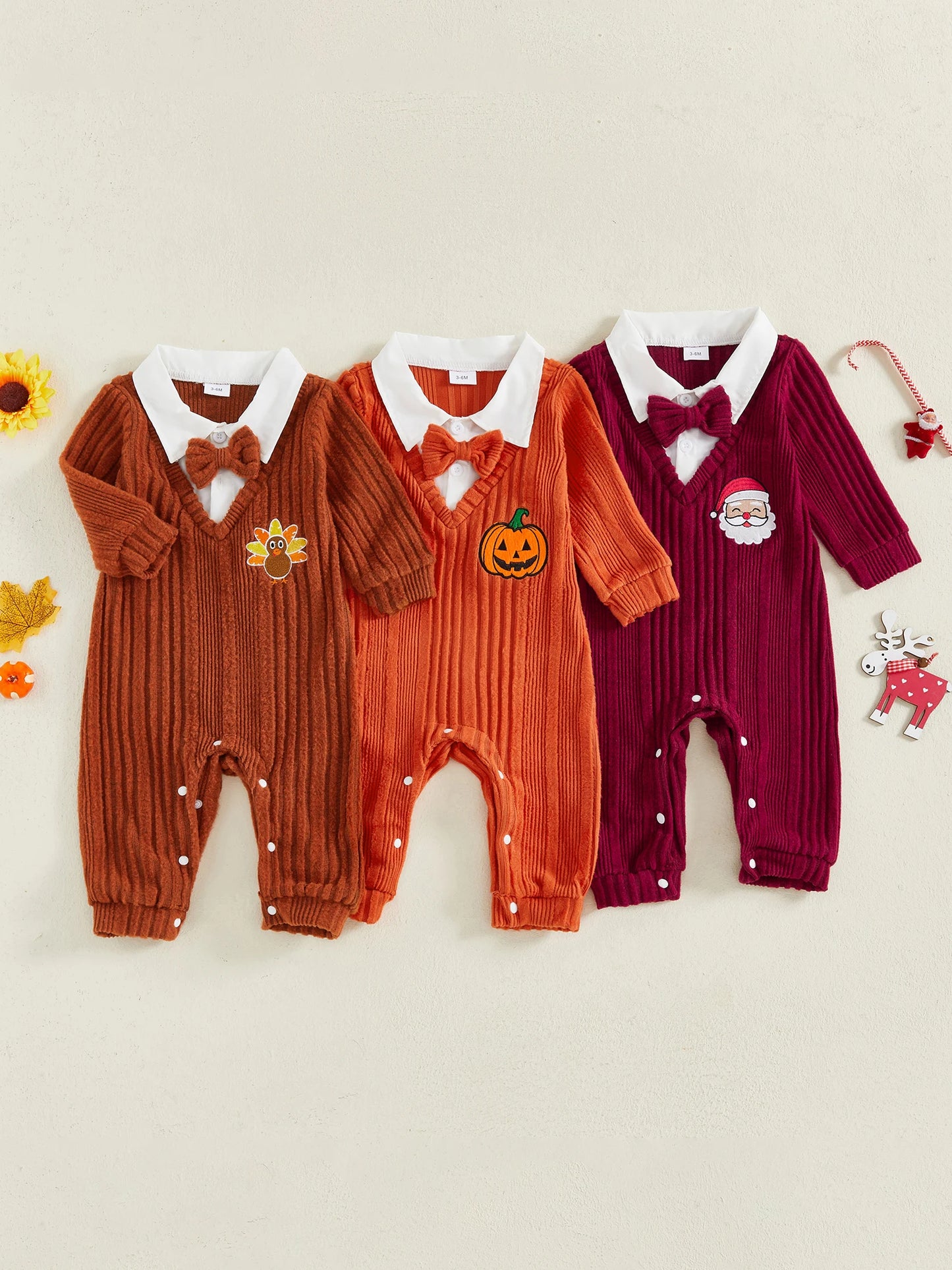 Baby Girl Cable Knit Romper With Reindeer Embroidery Long Sleeve Shawl Collar