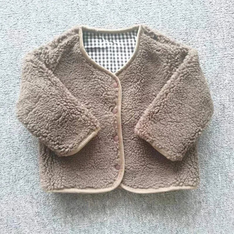 HoneyCherry Kids Reversible Plaid Jacket Plush Winter Coat