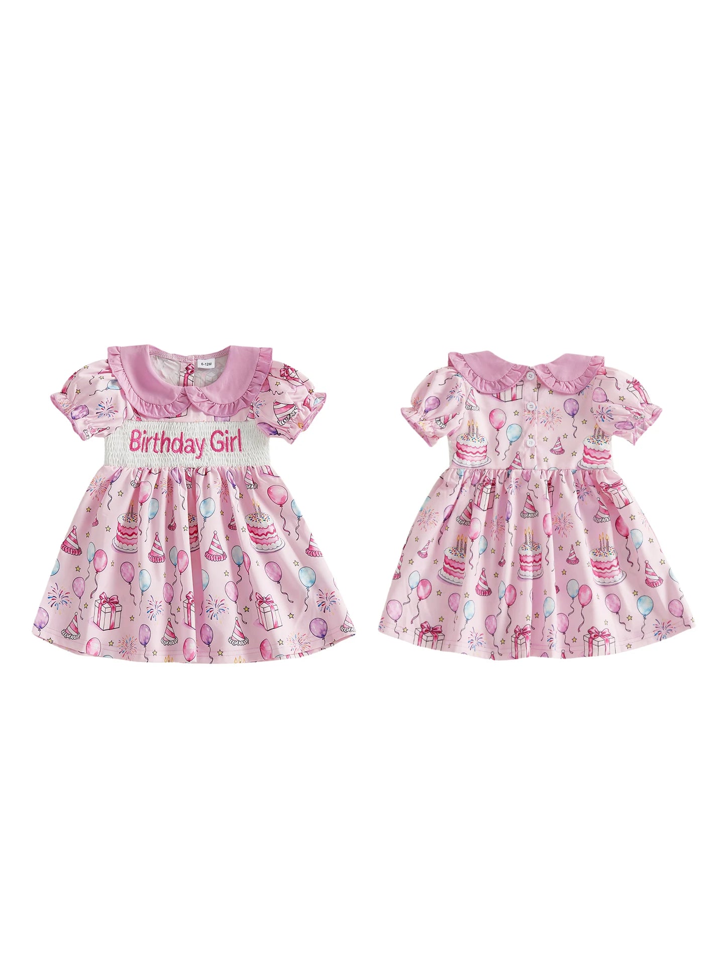 Girls Summer Short Sleeve Dress with Doll Collar Letter Cake and Balloons Print - Perfect for Birthday Parties
