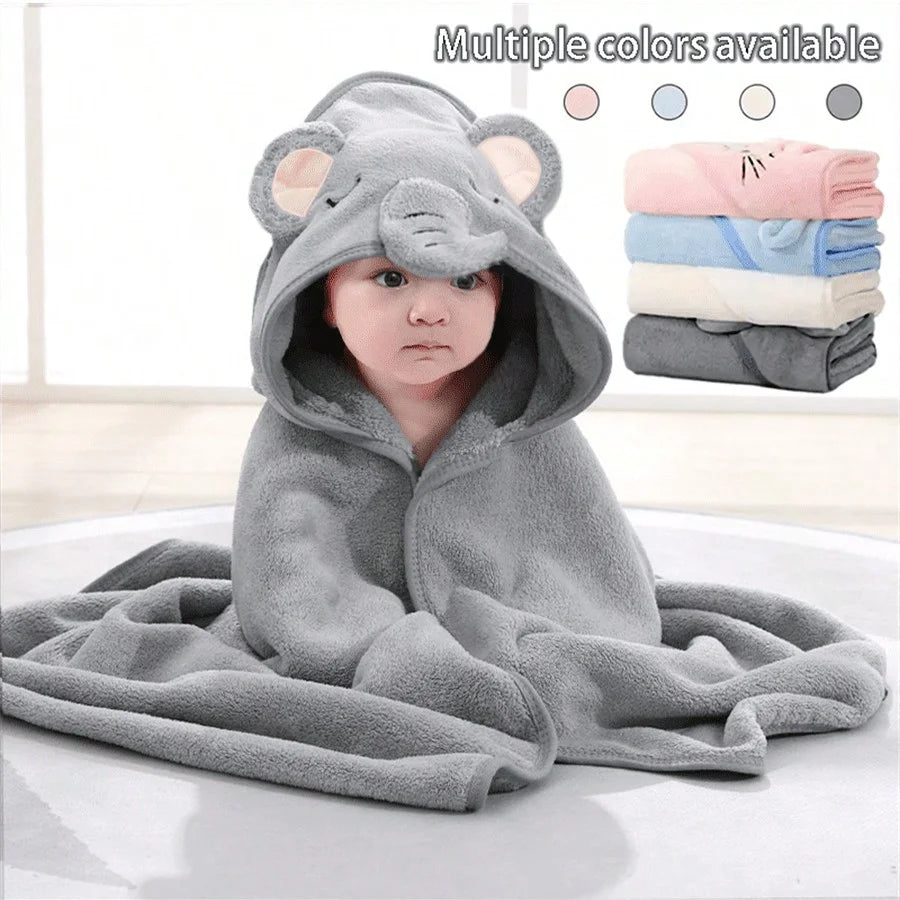 NONECN Baby Hooded Bathrobe Cartoon Coral Fleece Towel Blanket