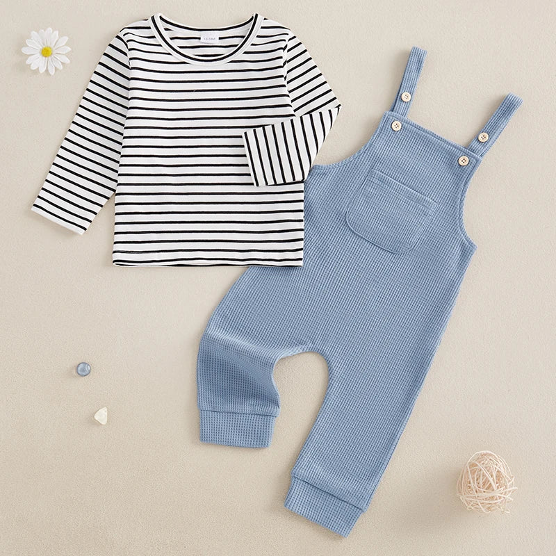 Pudcoco Boys Striped 2-Piece Long Sleeve Tee With Suspender Pants