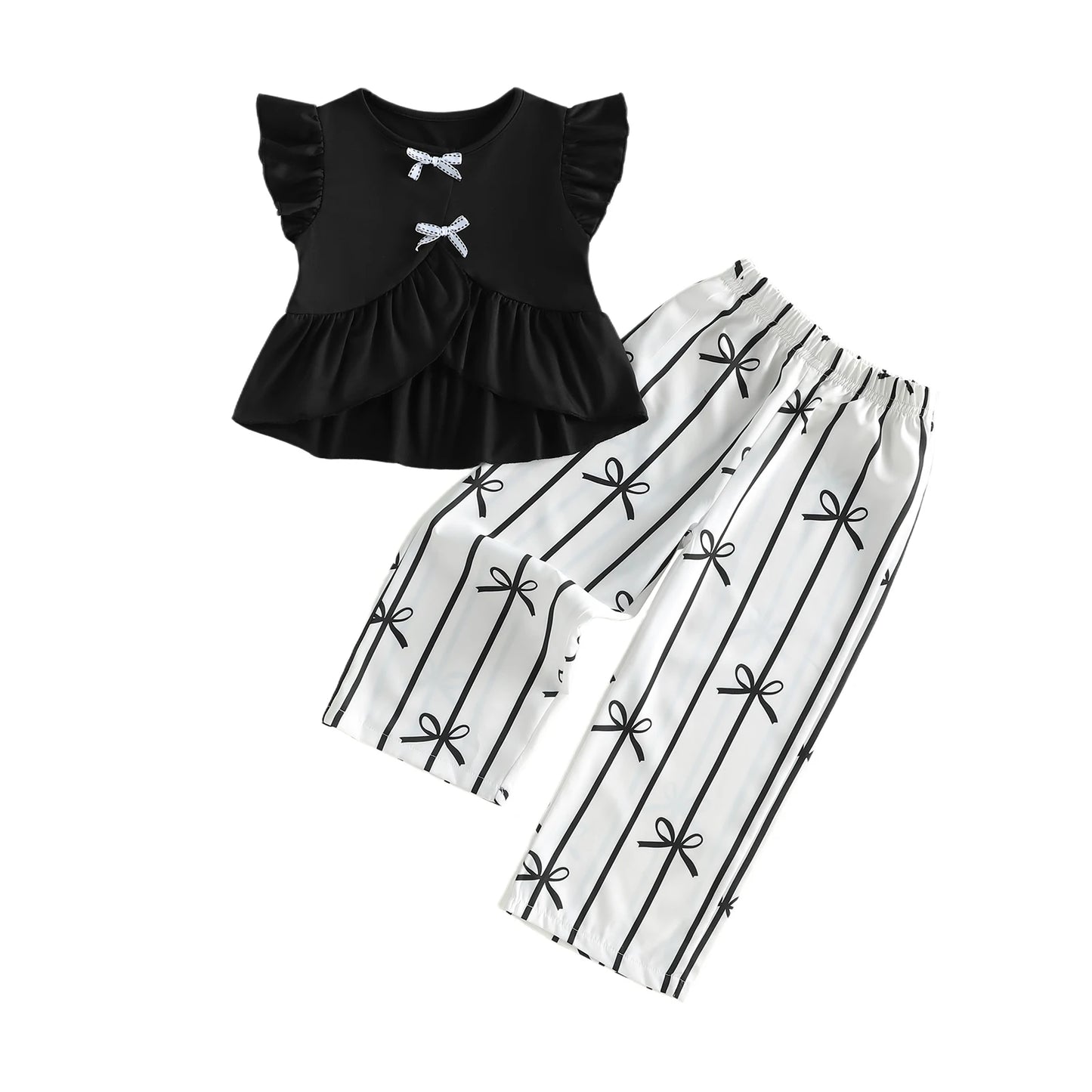 Girls Flutter Sleeve Bow Detail 2 Piece Set For Summer