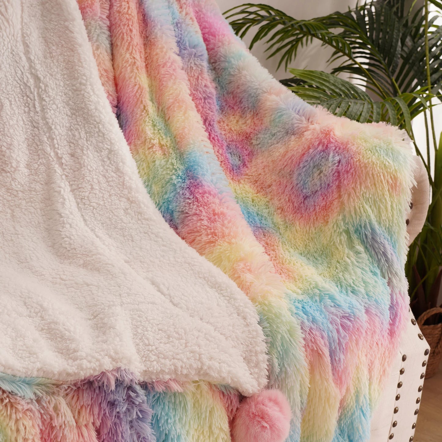 Soft Rainbow Fluffy Plush Blanket Bedspread For Home Decor