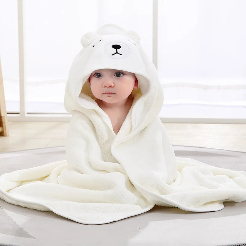 NONECN Baby Hooded Bathrobe Cartoon Coral Fleece Towel Blanket