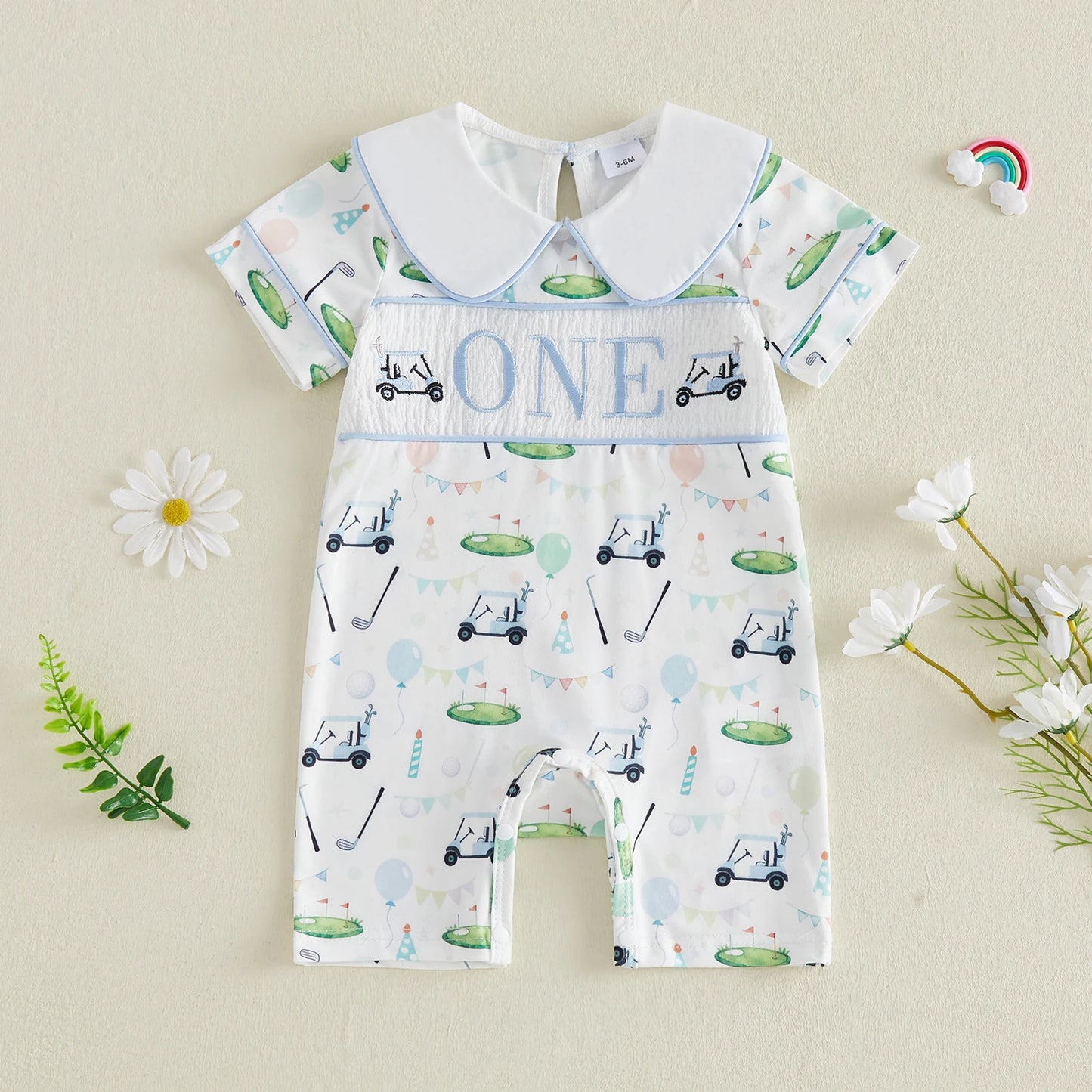 Infant Boy Embroidered Letters Golf Print Short Sleeve Jumpsuit