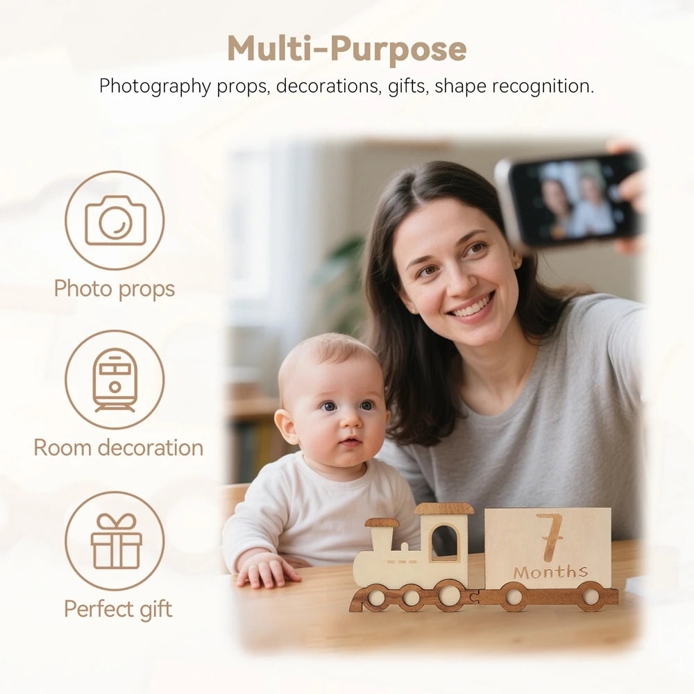 Lets Make Wooden Baby Milestone Card Cartoon Train Growth Record 0 to 12 Months