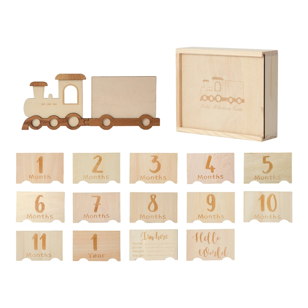 Lets Make Wooden Baby Milestone Card Cartoon Train Growth Record 0 to 12 Months
