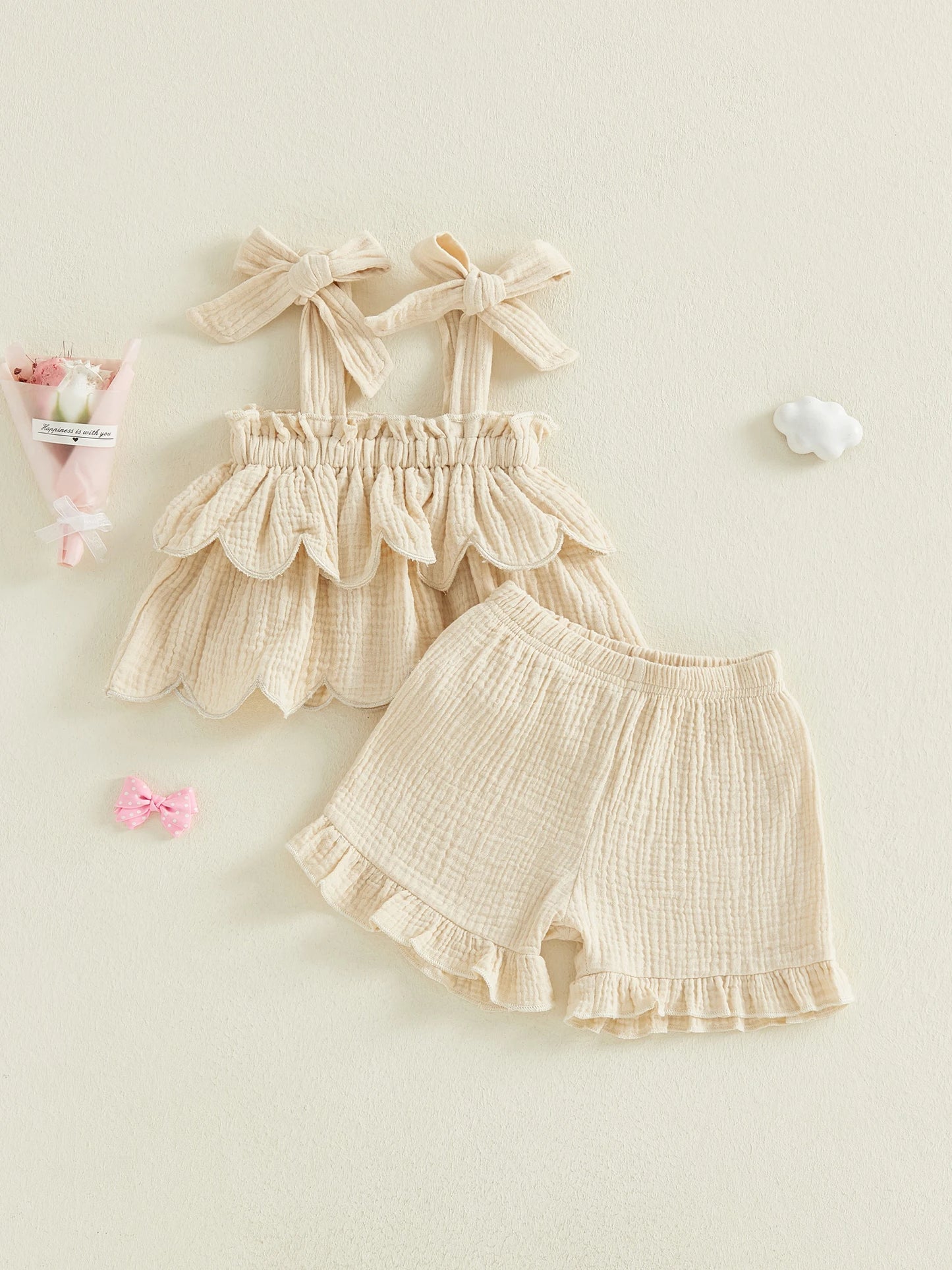 Girls Casual Sleeveless Crop Top And High Waisted Shorts Set With Ruffle Trim