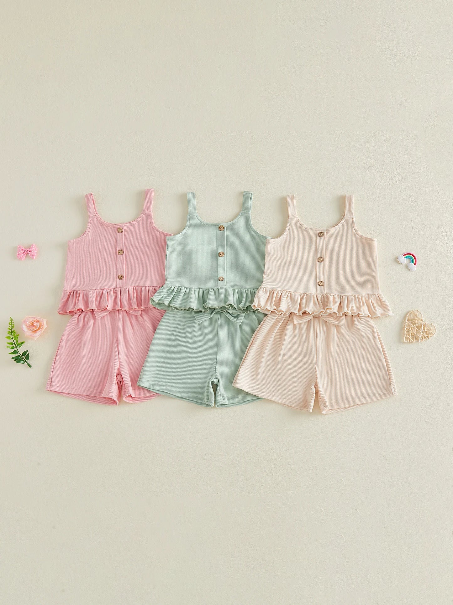 Girls Floral Off Shoulder Top And Denim Shorts Set Bow