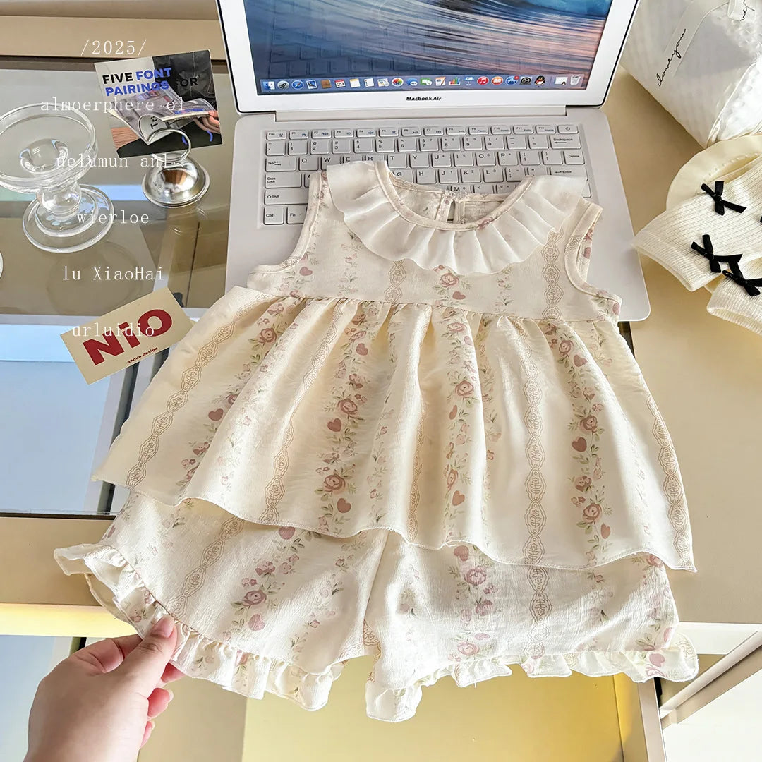 Bonkawoo Two Piece Sleeveless Princess Dress Floral Print Baby Girls