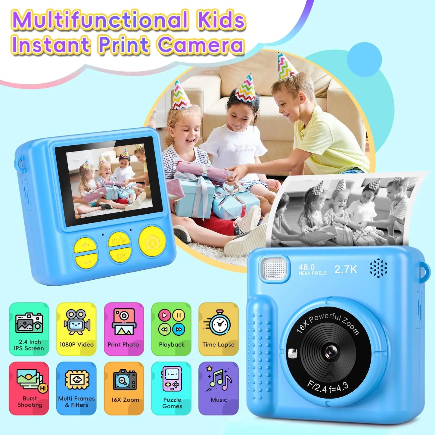 Kids Digital Camera Toy H20 Instant Print FHD Selfies