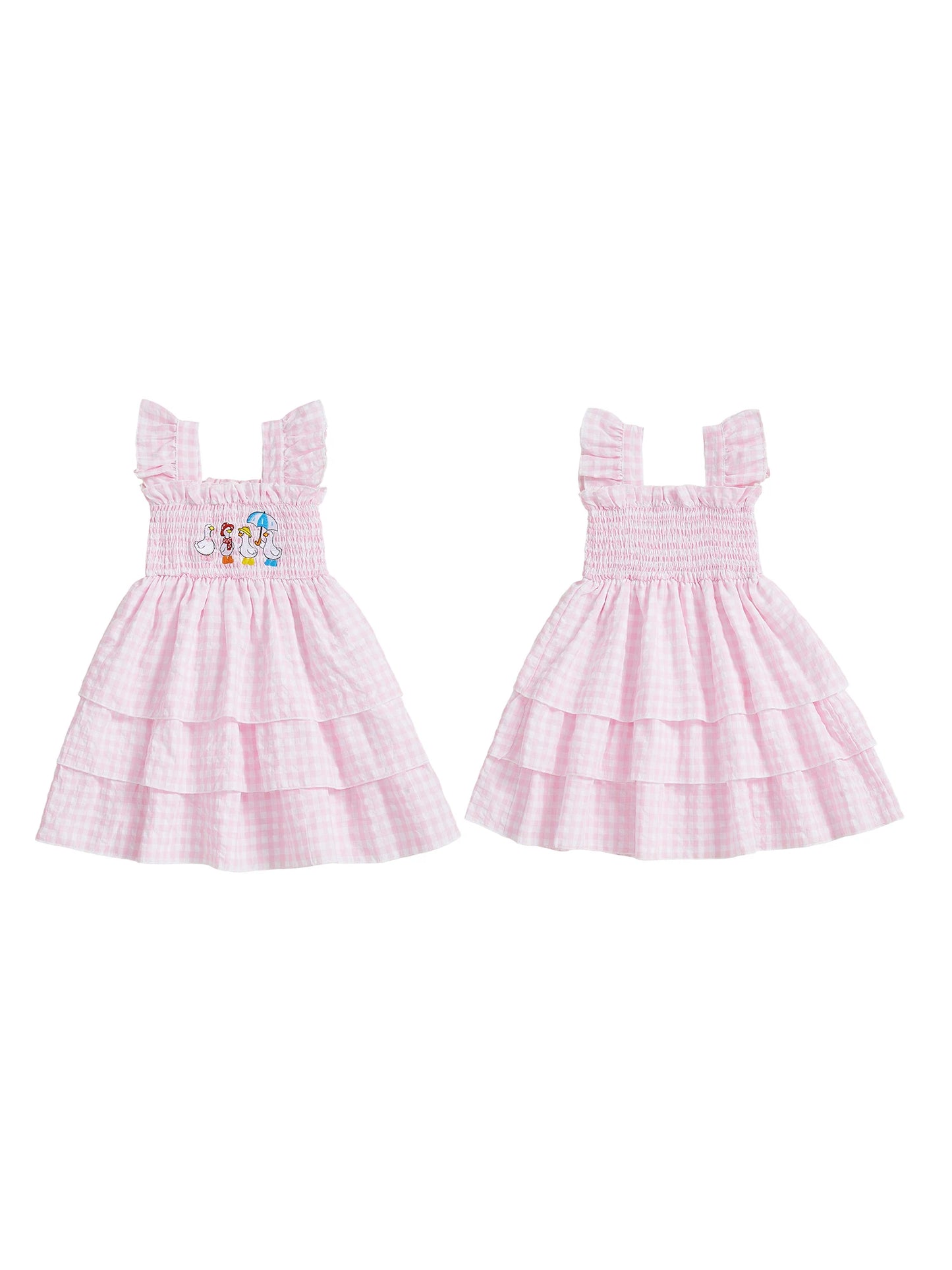 Baby Girls Sleeveless Plaid Dress With Duck Embroidery And Square Collar