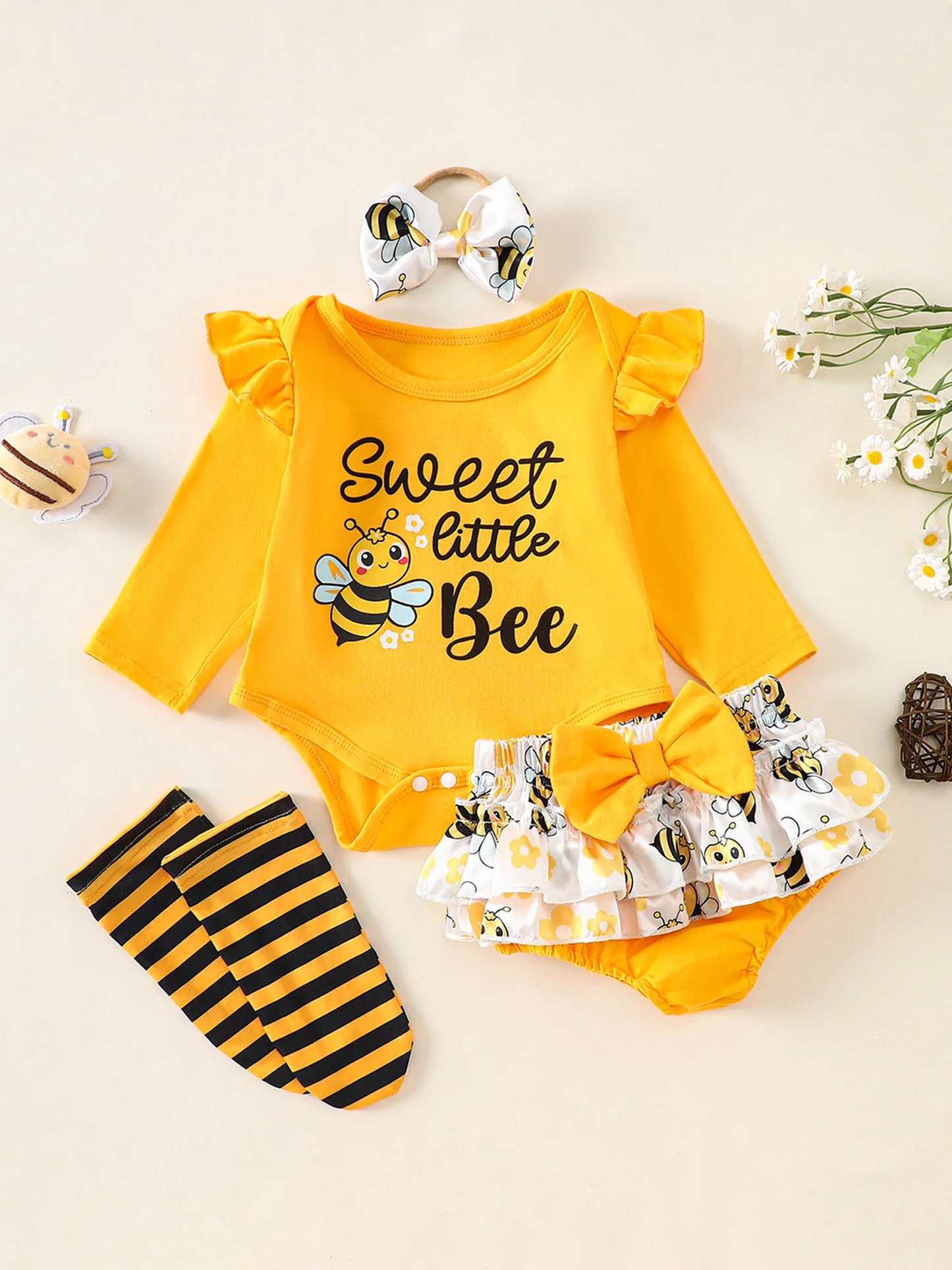Baby Girl Fall 4 Piece Set Romper Bow Headband Stockings