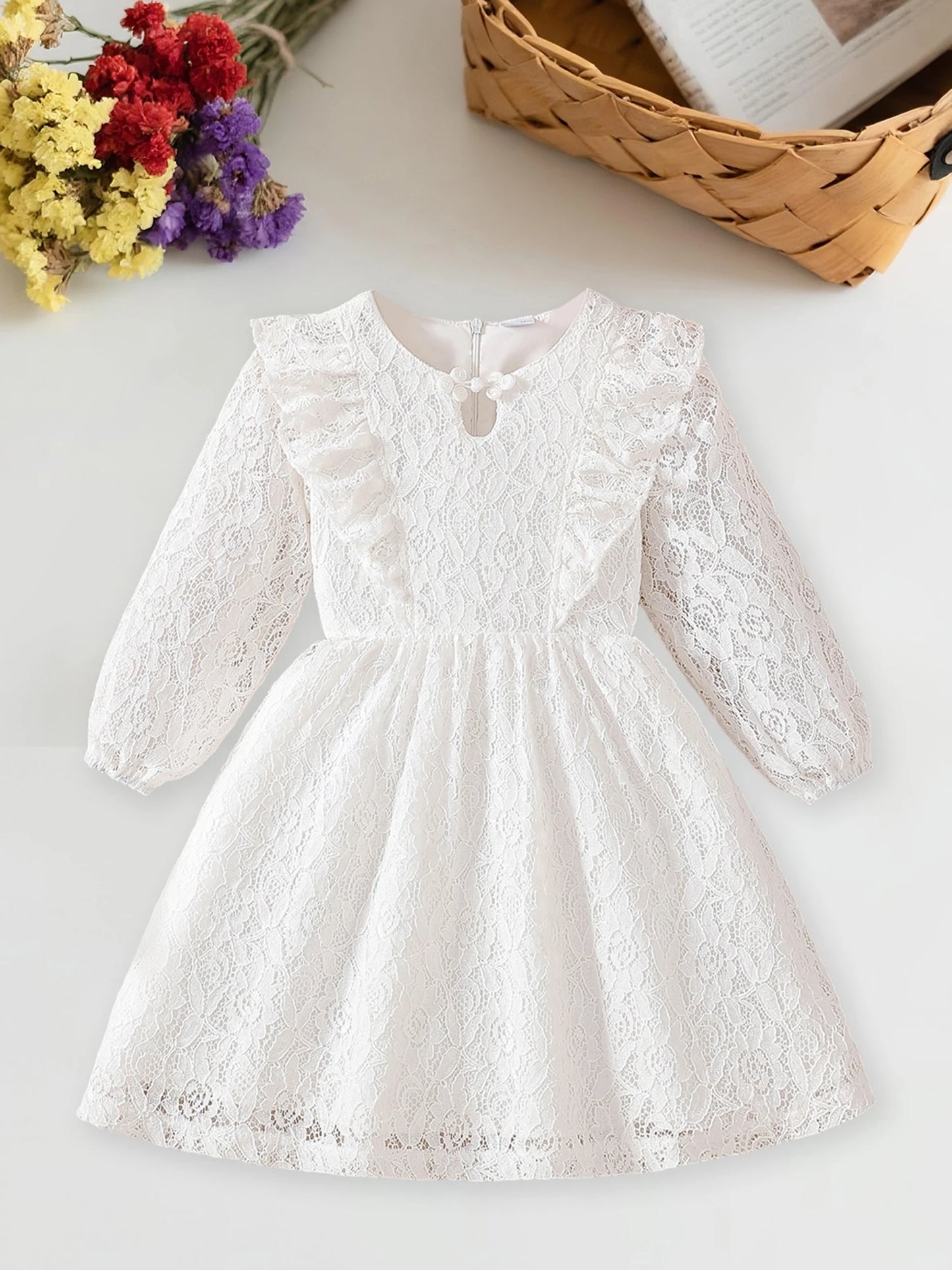 Toddler Girl Floral Lace Dress With Bow And Puff Sleeves