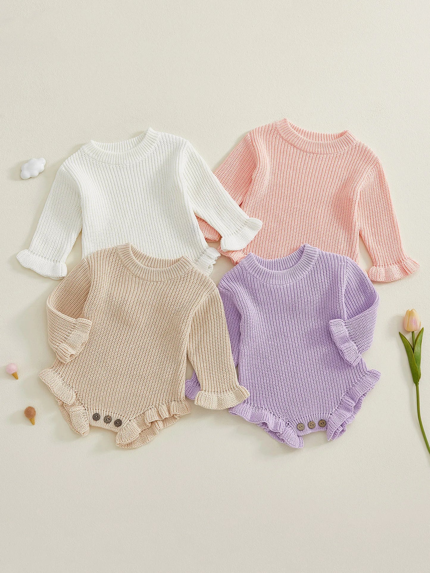 Guangdong Baby Knitted Bodysuit Round Neck Ruffled Sleeves
