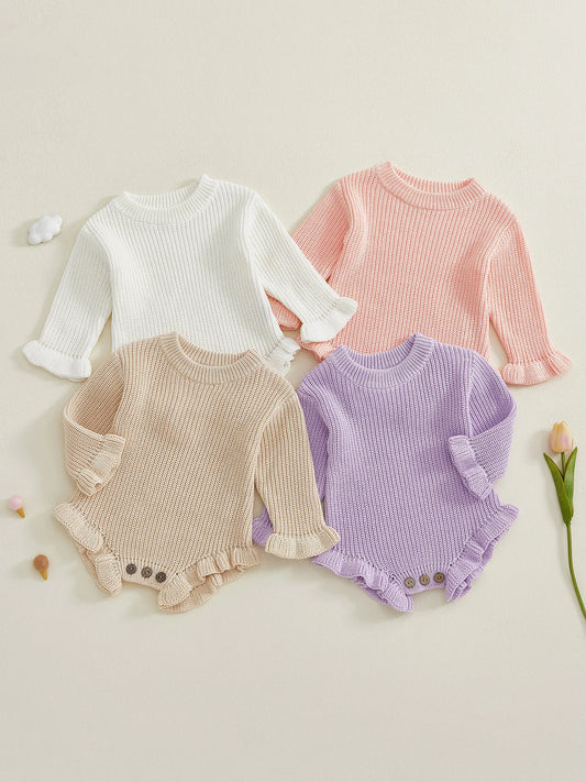 Guangdong Baby Knitted Bodysuit Round Neck Ruffled Sleeves