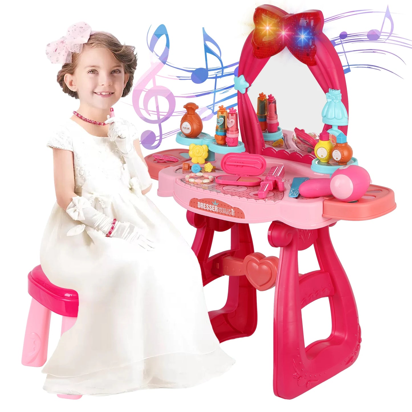 Diowewea 2 In 1 Toddler Vanity Table Set With Music