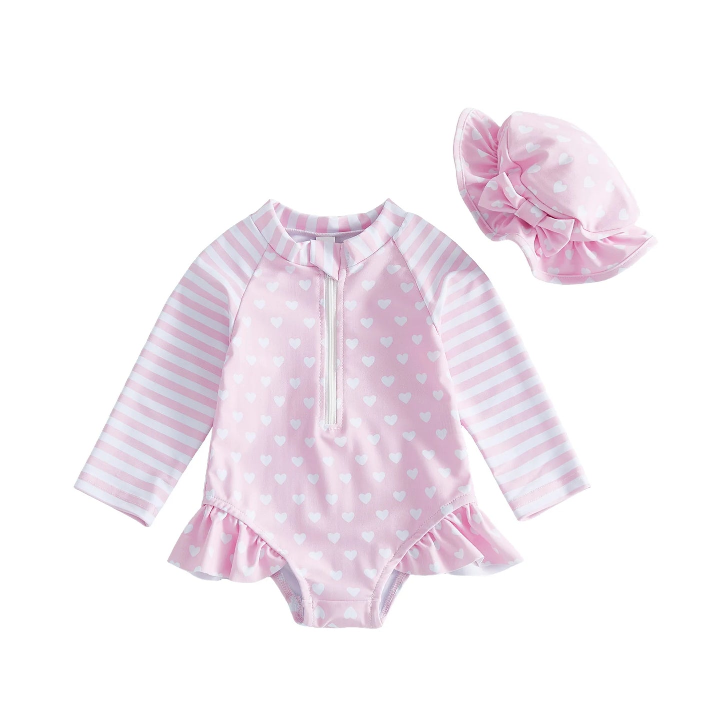 Girls Heart Patterned Two Piece Rash Guard Swimsuit With Hat