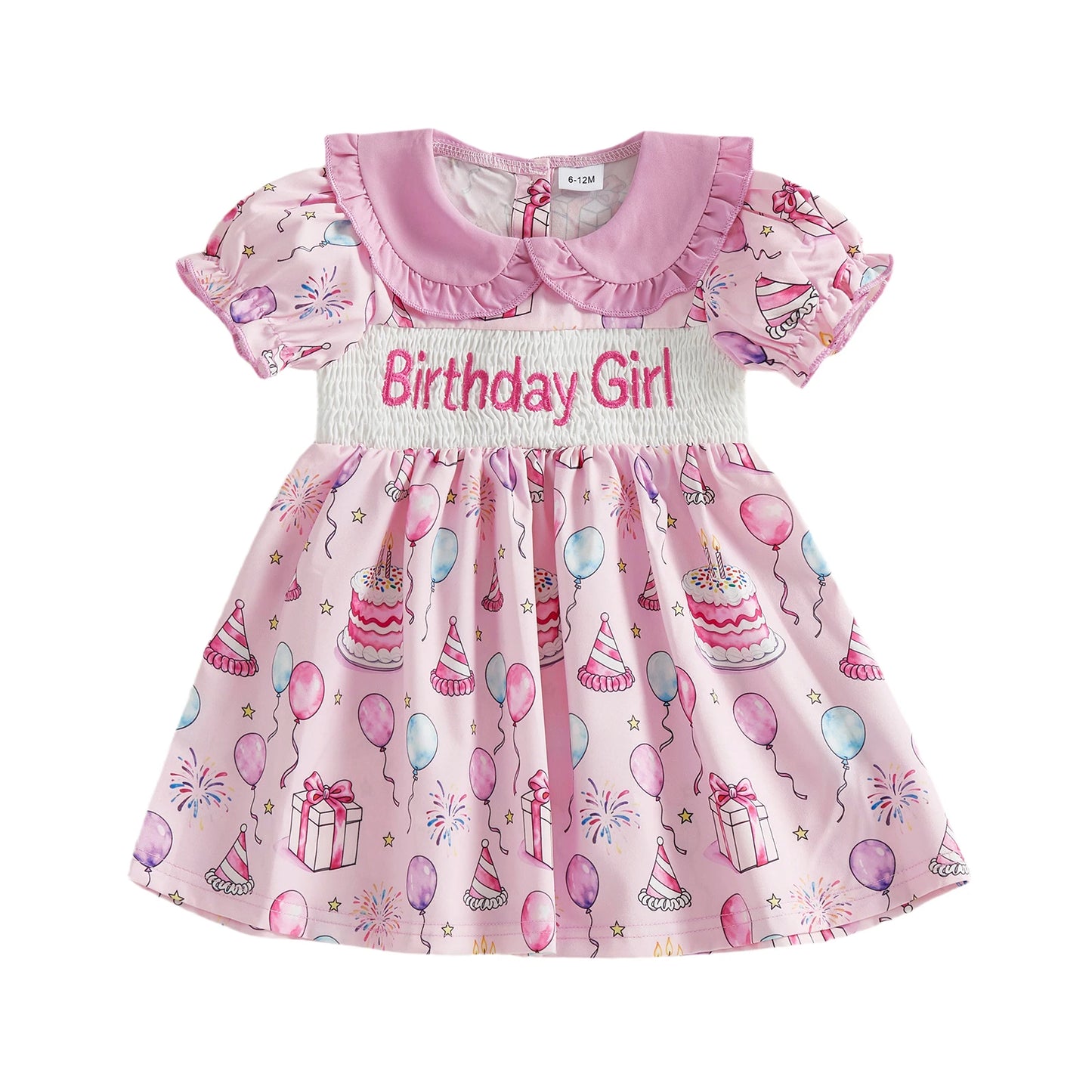 Girls Summer Short Sleeve Dress with Doll Collar Letter Cake and Balloons Print - Perfect for Birthday Parties