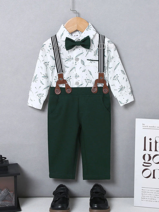 Baby Boy Tuxedo Set With Bow Tie And Suspender Pants