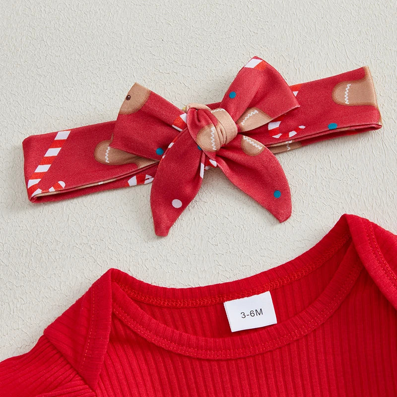 Pudcoco Baby Girl Christmas Romper Set Gingerbread Print