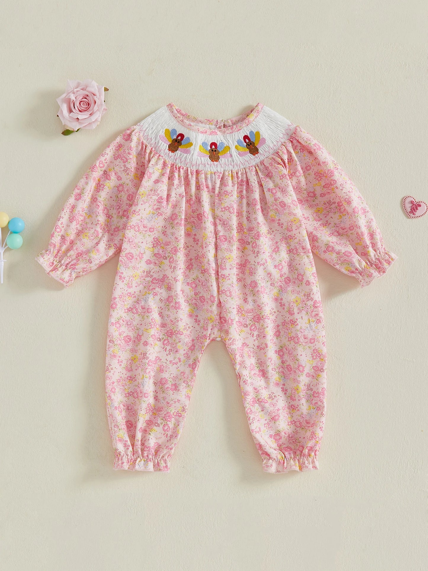 Thanksgiving Baby Romper With Turkey Embroidery Long Sleeve