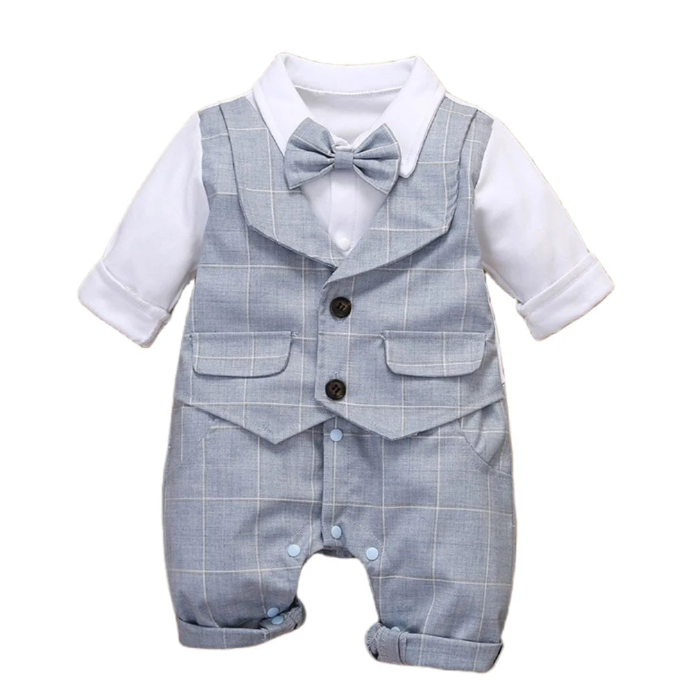 Baby Boy Plaid Formal Dress Set Cotton Romper Vest
