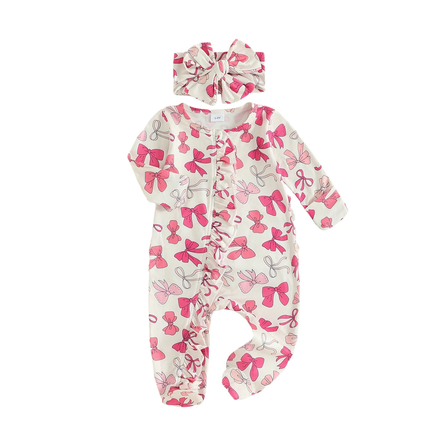 PudcocoCN Autumn Newborn Baby Girls Footed Romper Bow Print