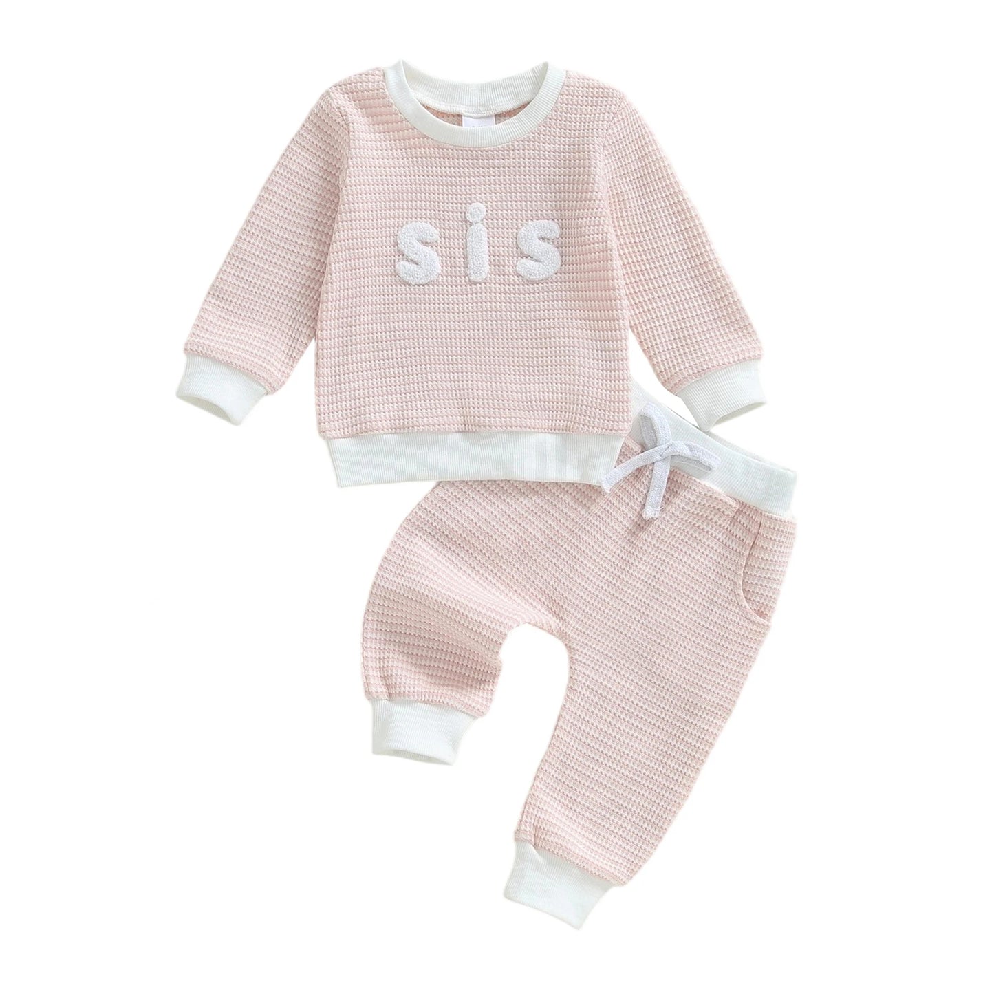 Infant Unisex Knit Two Piece Sweatshirt And Trousers Set With Embroidered Words