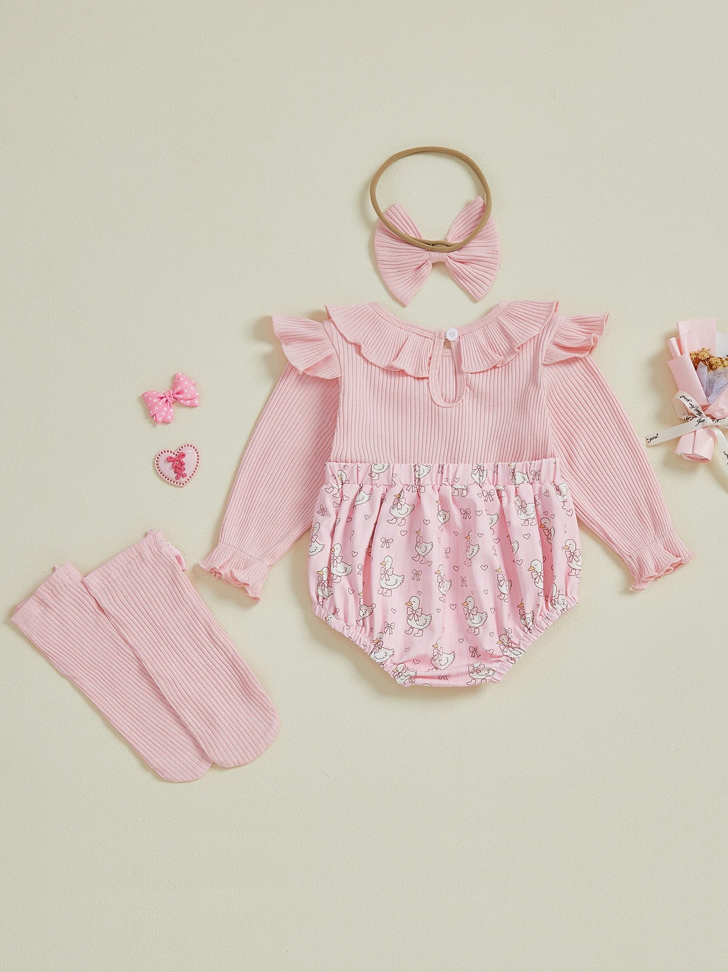 Toddler Winter Floral Jumpsuit Set With Hat And Mittens