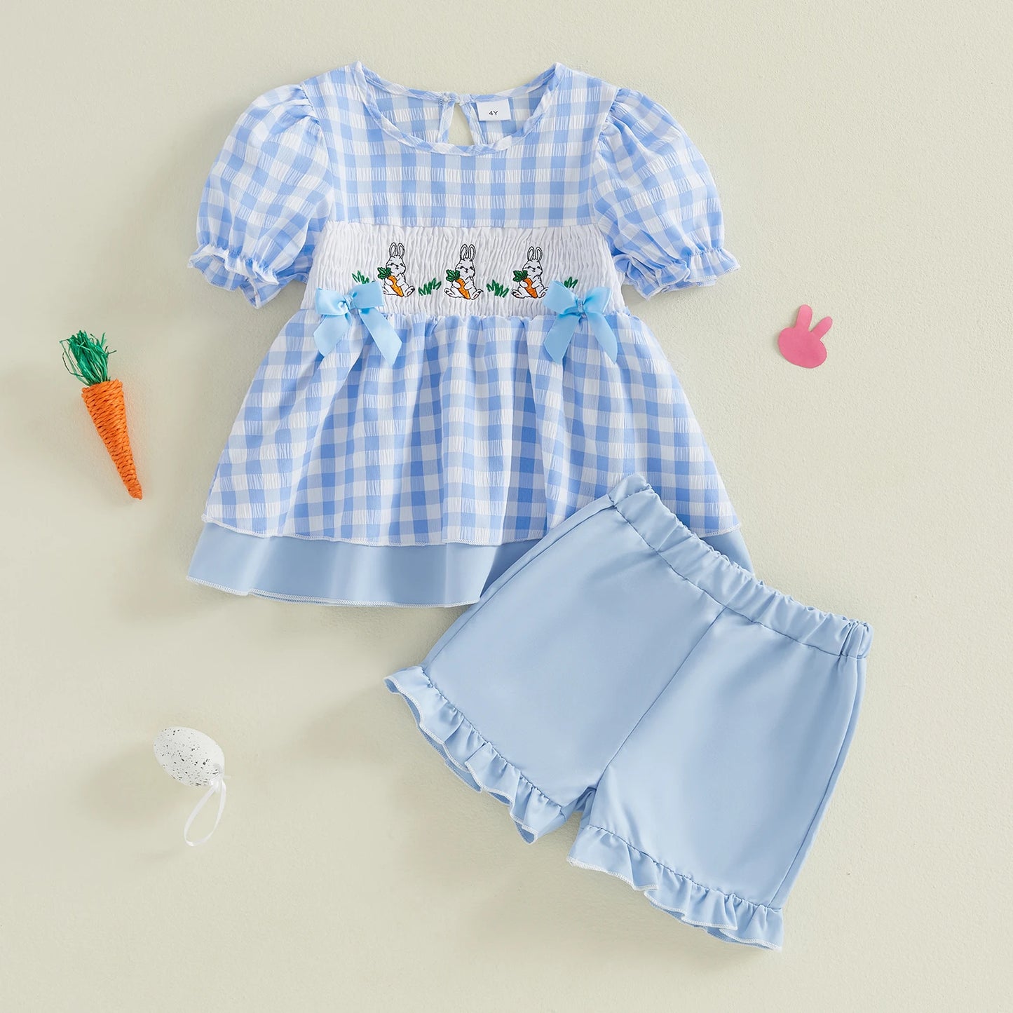 Girls Easter Outfit Set With Bunny Embroidery Plaid Shorts Top