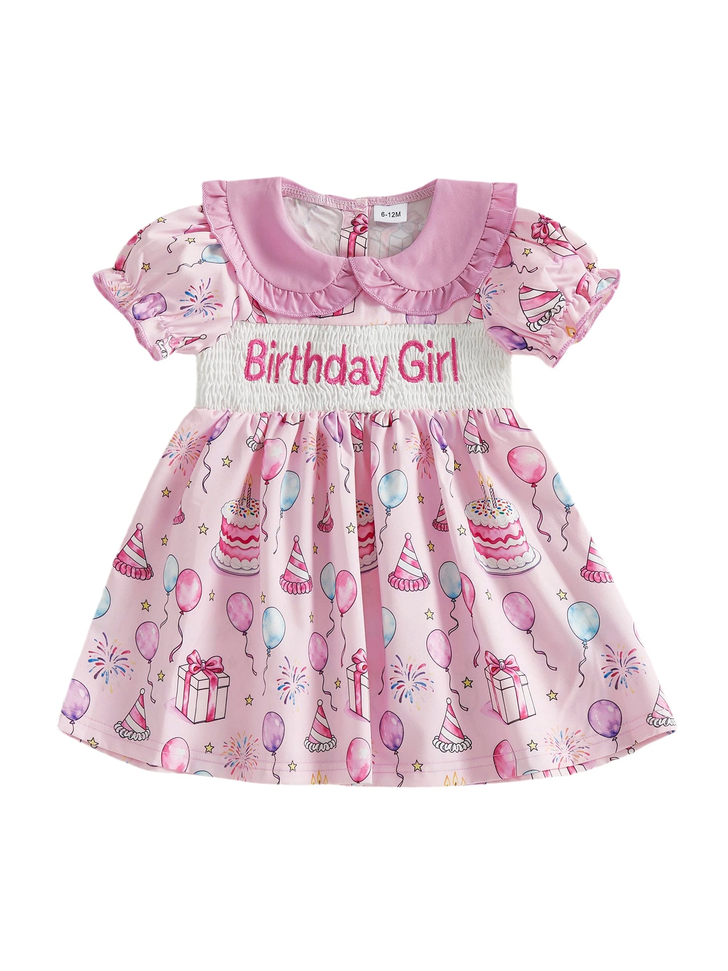Girls Summer Short Sleeve Dress with Doll Collar Letter Cake and Balloons Print - Perfect for Birthday Parties