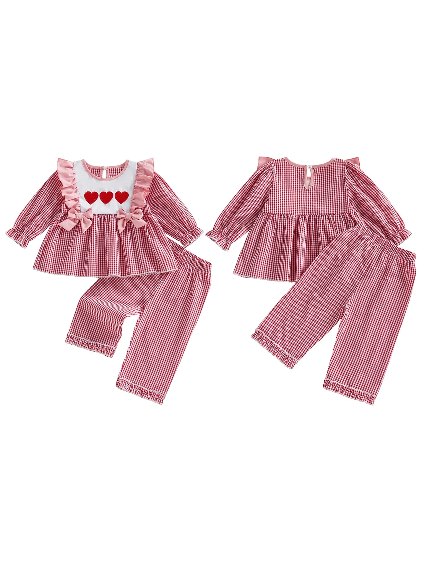 Girls Valentine Outfit Heart Print Shirt And Plaid Pants Set
