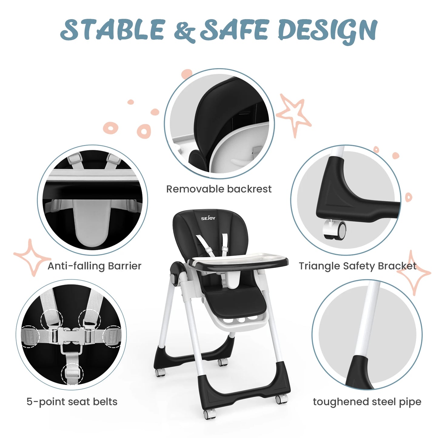 SEJOY Adjustable High Chair FivePoint Harness 3Tier Tray