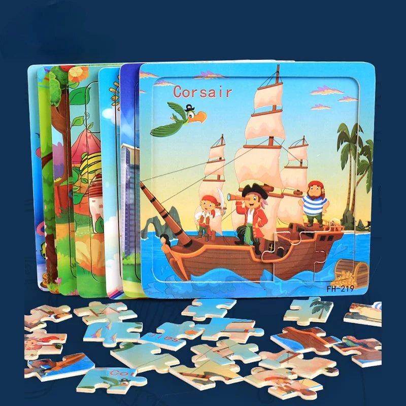 Wooden 3D Puzzle Cartoon Animals and Vehicles Jigsaw for Kids