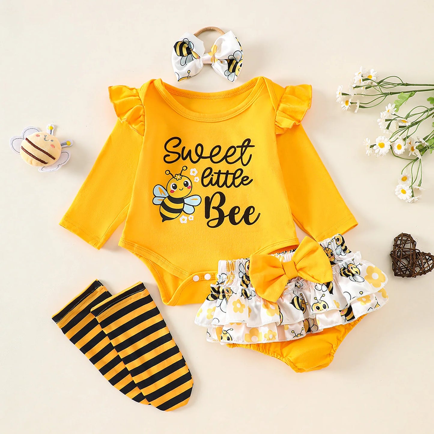 Baby Girl Fall 4 Piece Set Romper Bow Headband Stockings