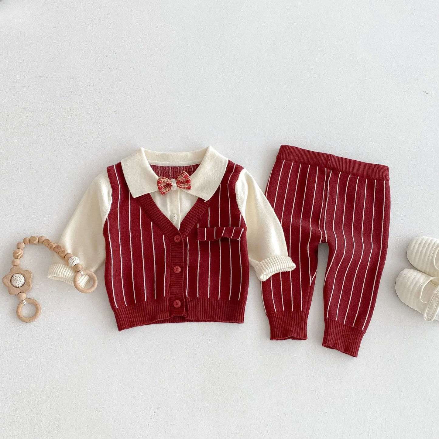 CN Zhejiang Baby Boy Knit Striped 3 Piece Set Bow Tie Shirt