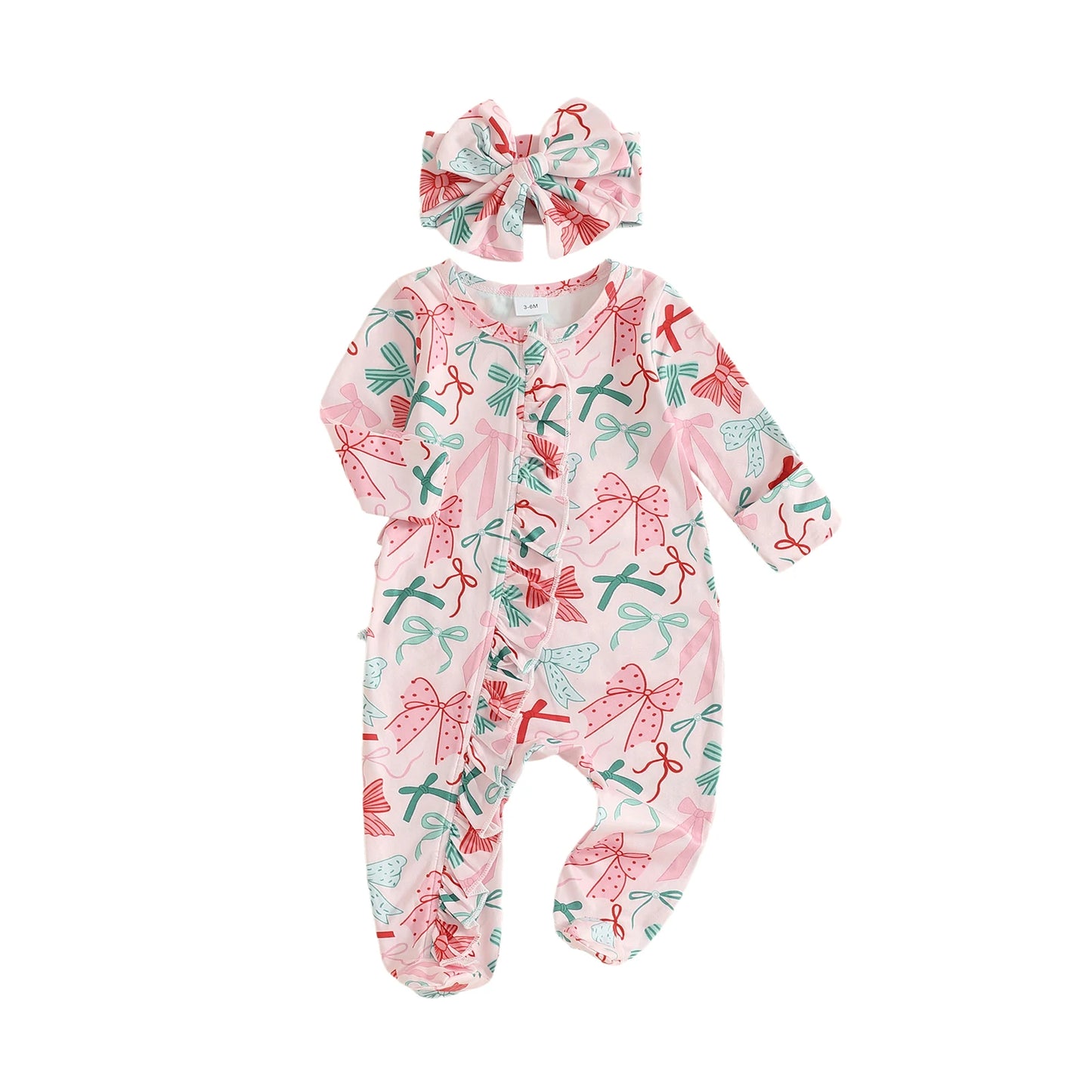 PudcocoCN Autumn Newborn Baby Girls Footed Romper Bow Print