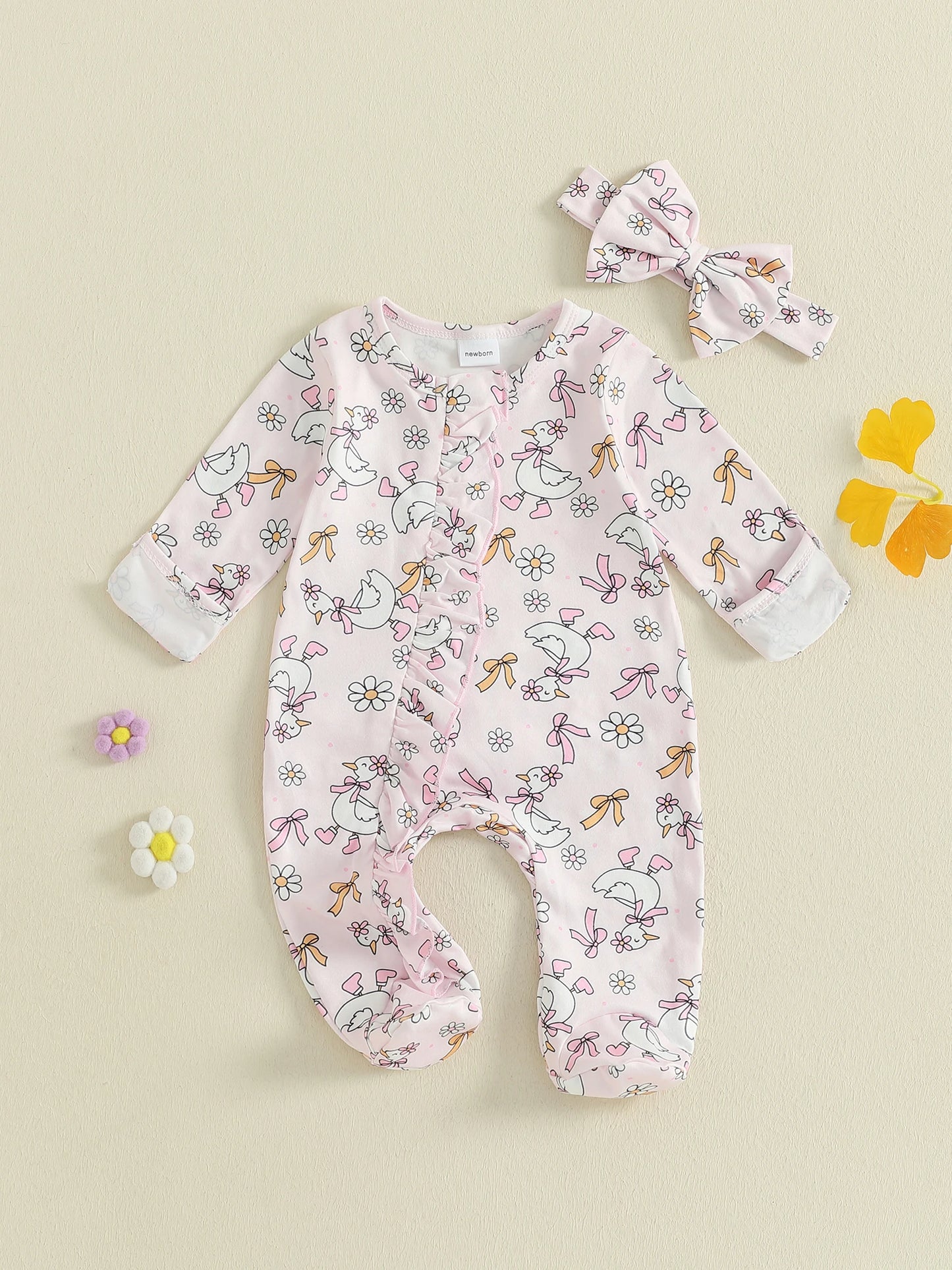 Guangdong Baby Floral Print Footed Romper and Headband Set