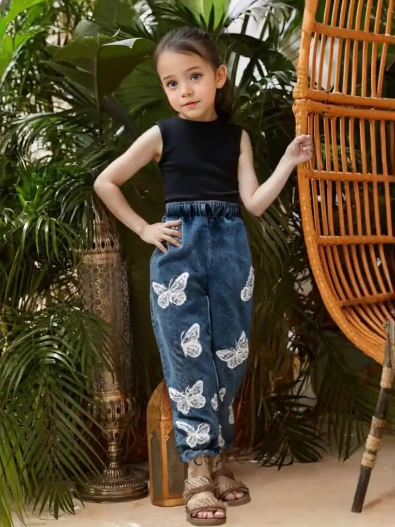 Toddler Girl Tank Top And Printed Jeans Set Outfit