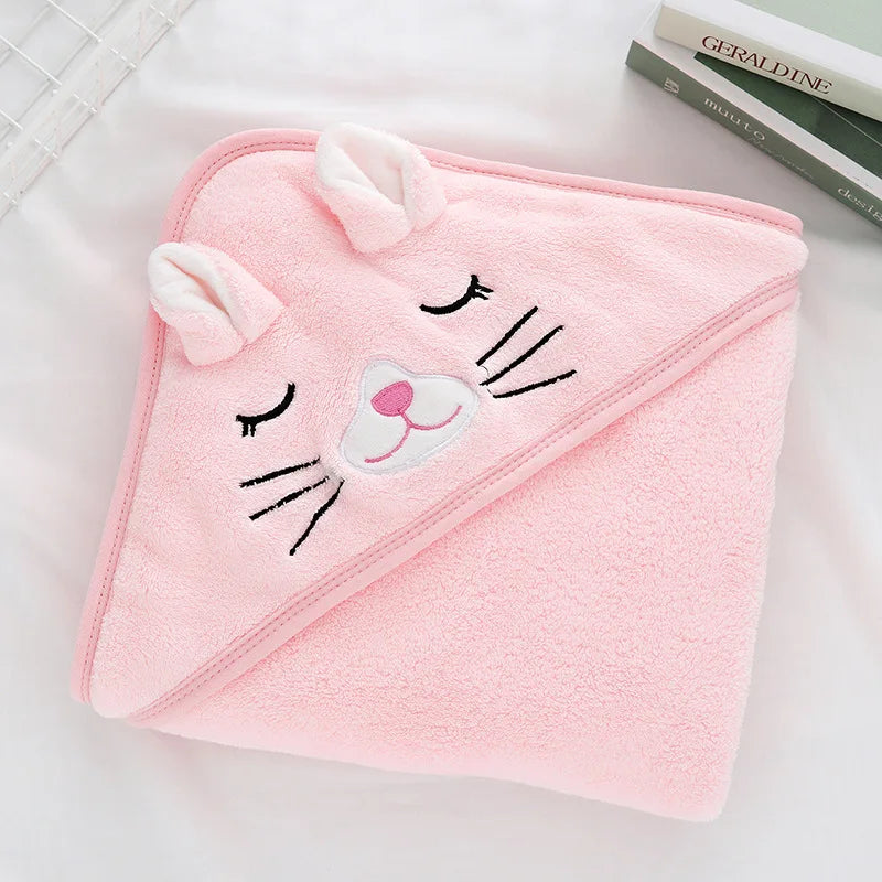 NONECN Baby Hooded Bathrobe Cartoon Coral Fleece Towel Blanket