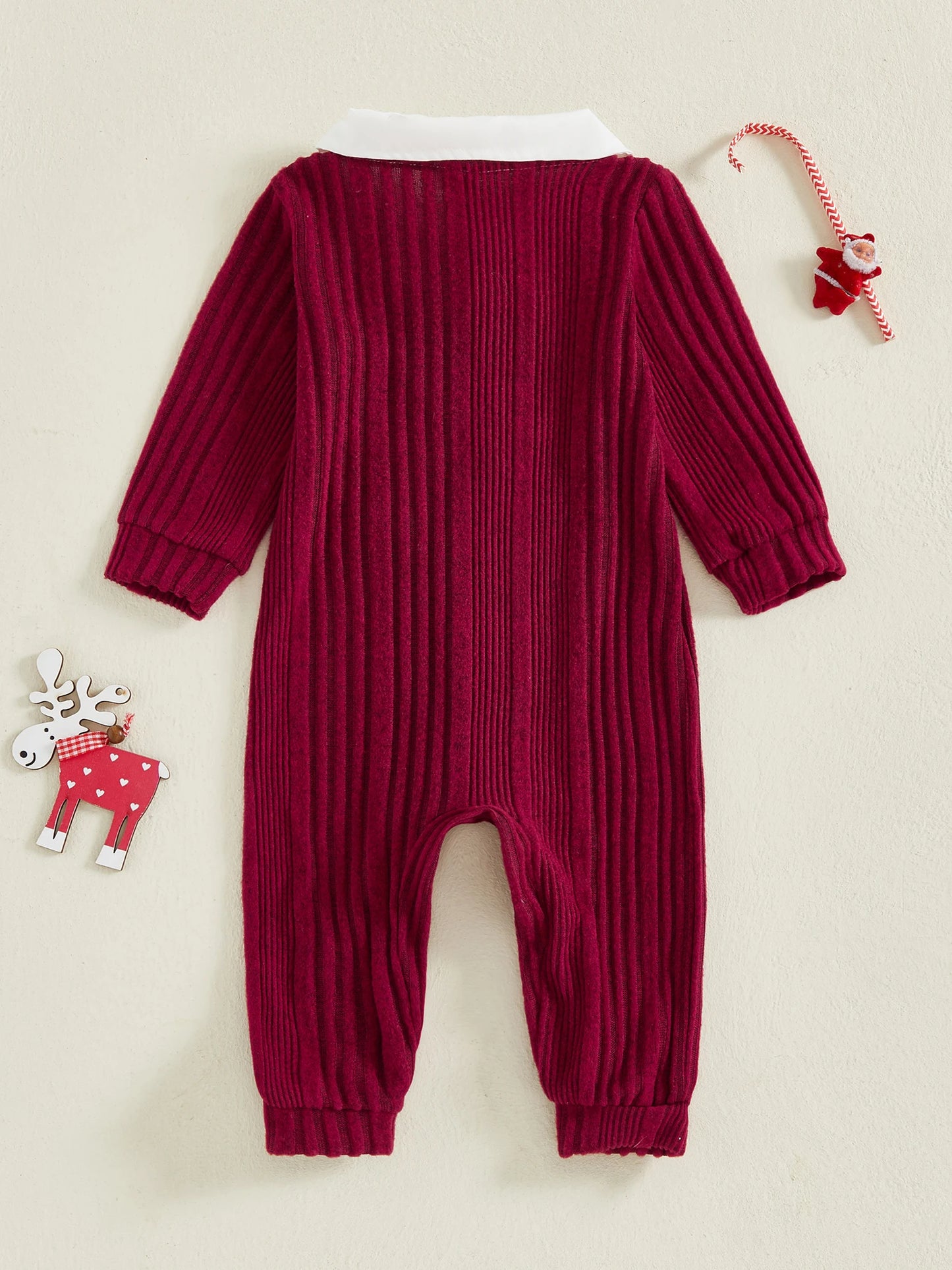 Baby Girl Cable Knit Romper With Reindeer Embroidery Long Sleeve Shawl Collar