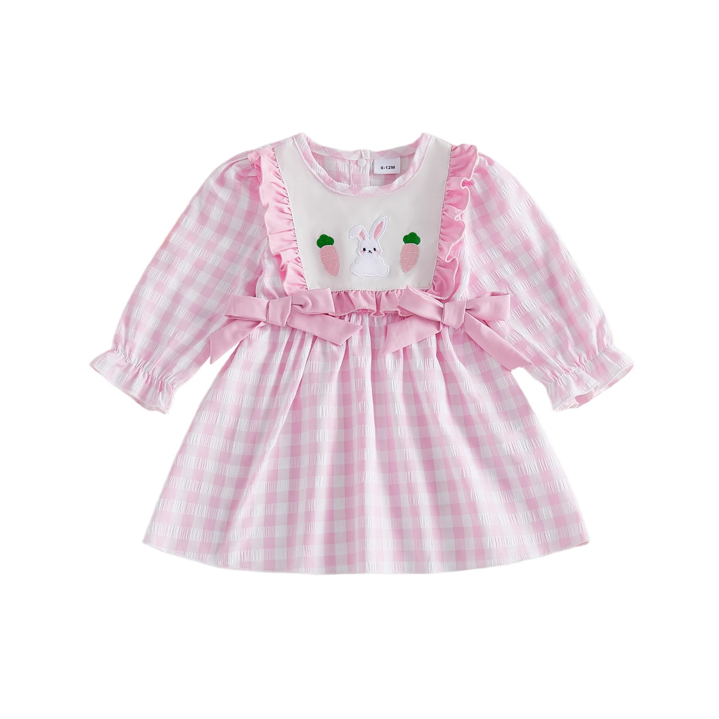 Toddler Girl Easter Dress With Plaid Bunny Embroidery Bow Detail