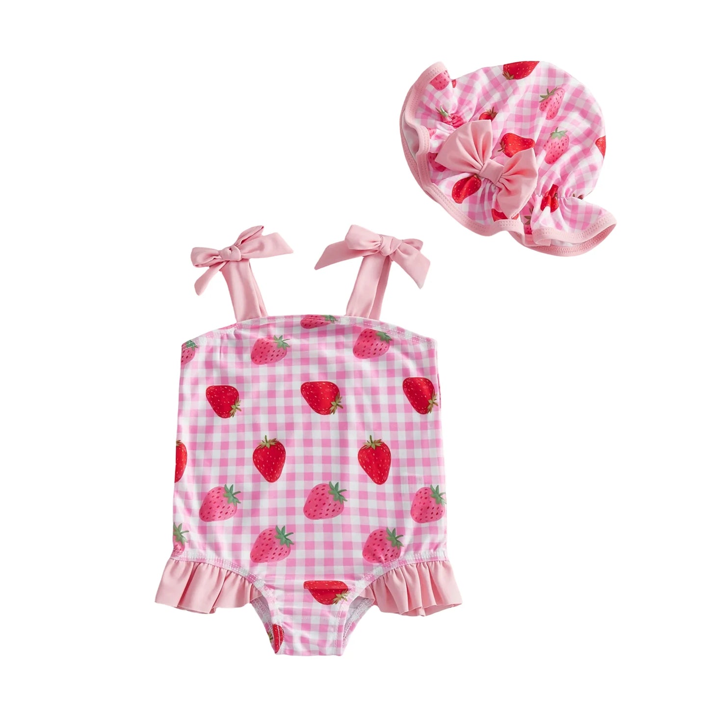 Strawberry Bow Cherry Print Toddler Girl Swimsuit Set