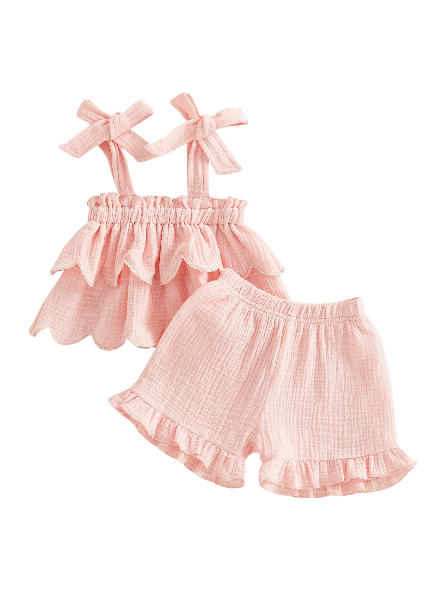 Girls Casual Sleeveless Crop Top And High Waisted Shorts Set With Ruffle Trim