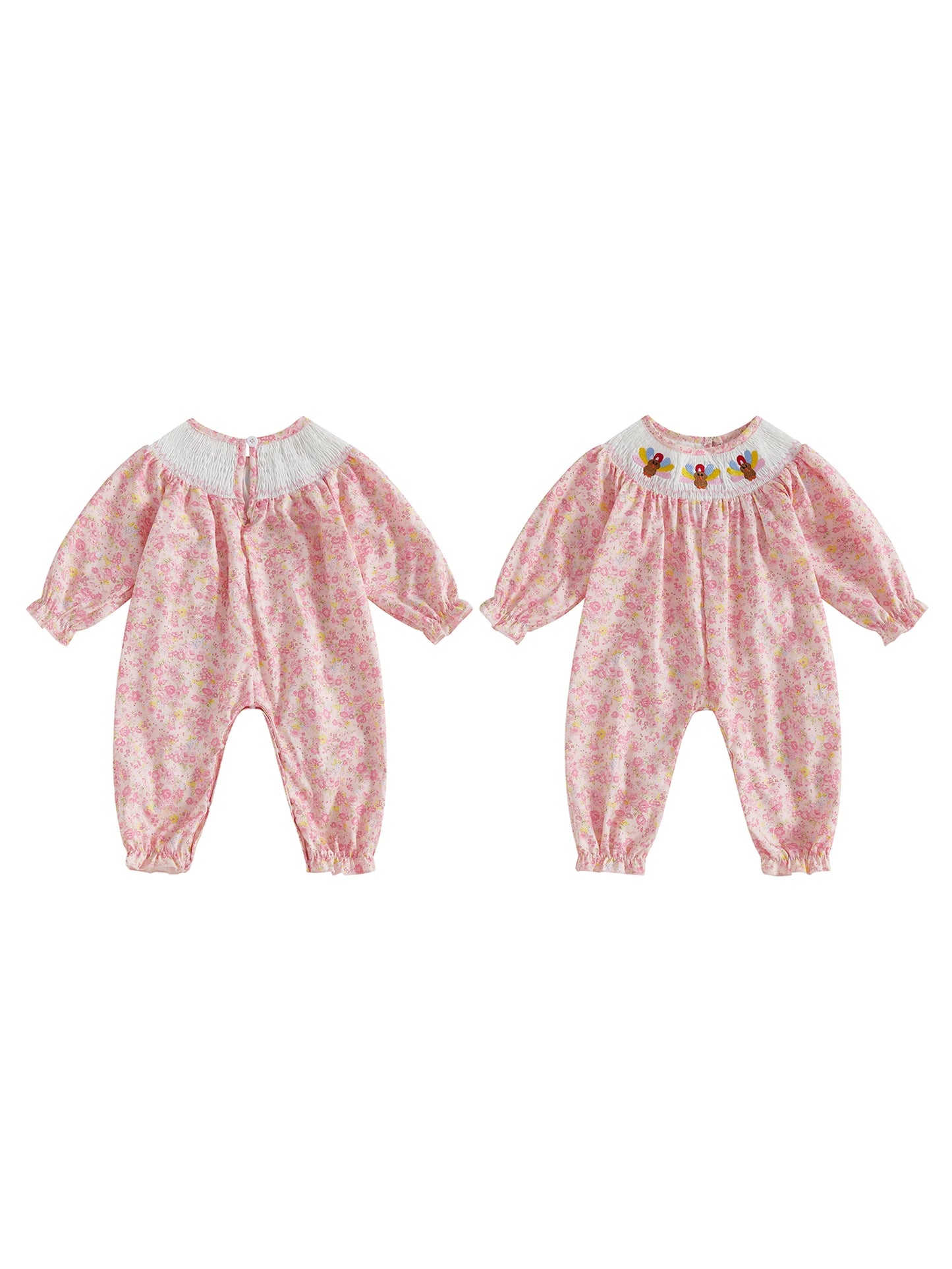 Thanksgiving Embroidered Turkey Baby Girl Romper Jumpsuit