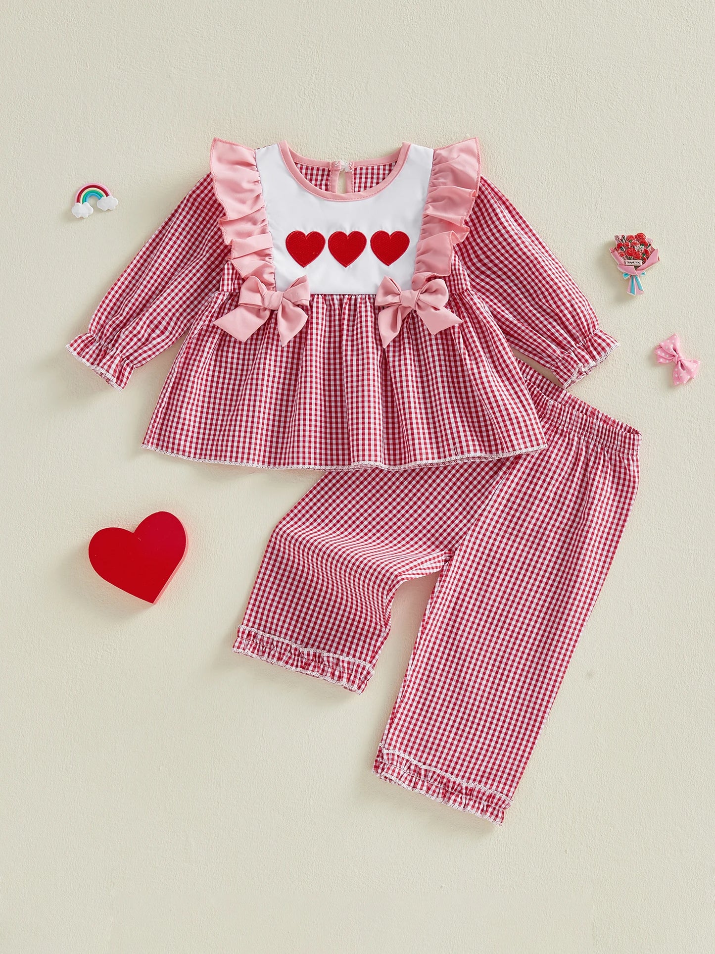 Girls Valentine Outfit Heart Print Shirt And Plaid Pants Set