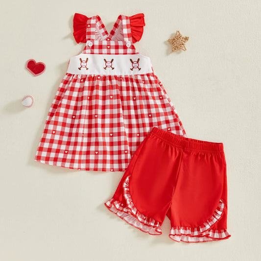 Meihuida Toddler Bow Plaid Baseball Top With Ruffle Shorts Set